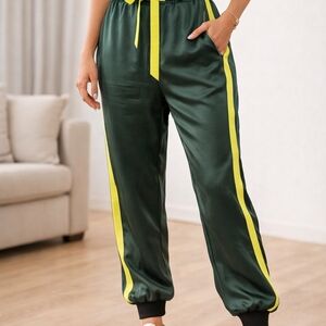 Robert Rodriguez 100% Silk Jogger Pants Green Yellow Stripe Belted M
